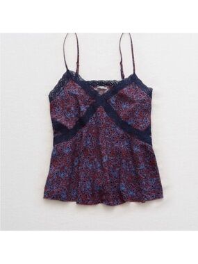 Aerie Floral Lace Trim Babydoll Camisole Top Blue Womens S Soft Flowy Boho New